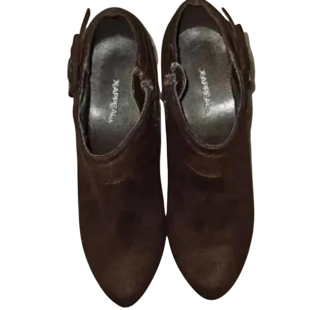 XAPPEAL Womens Brown Faux Suede Buckle Stiletto Ankle Booties Side Zip Size 39